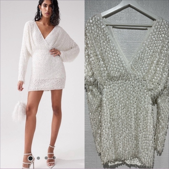 NWT ASOS DESIGN batwing embellished drip bead wrap mini dress in white SIZE 2 - Picture 1 of 16